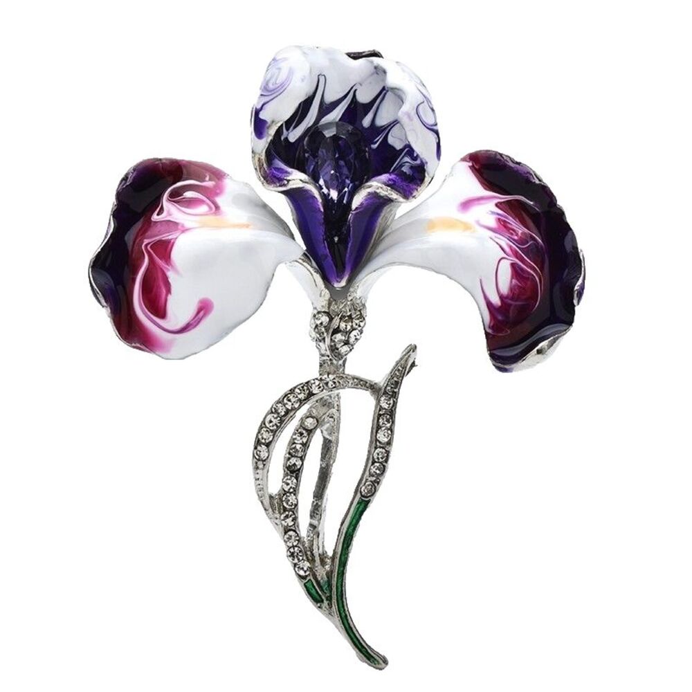 Purple Iris Flower Brooch Enamel Crystal Floral Pin Silver Tone Botanical Jewelr